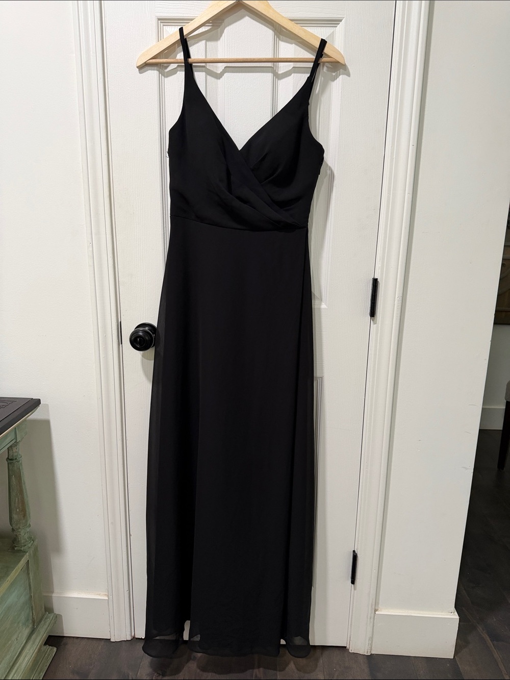 Azazie Lennon ? Black Spaghetti-Strap Maxi Gown lace back leg slit chiffon